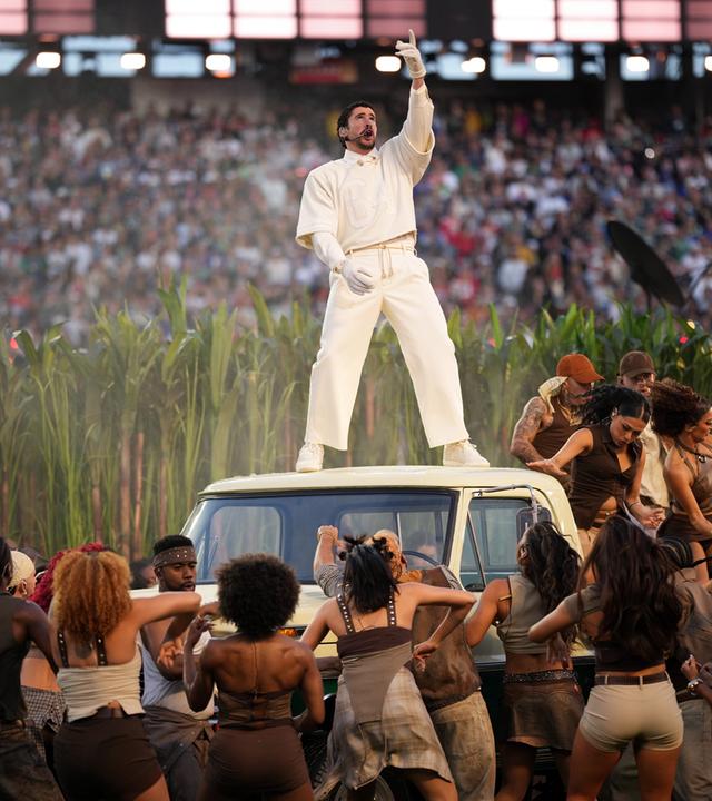 Bad Bunny performs during halftime of the NFL Super Bowl 60 football game between the New England Patriots and the Seattle Seahawks.