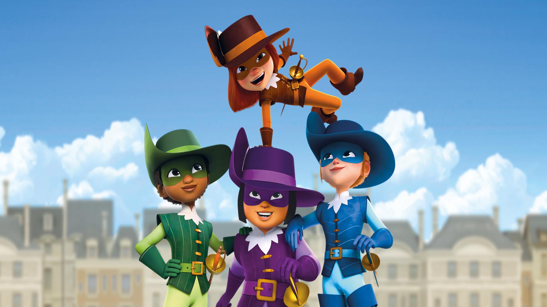 Aramis, Porthos und Athos stehen mit Maske, Degen und in ihren Uniformen nebeneinander, d'Artagnan stützt sich mit einem Arm auf Porthos und hält sich waagrecht in der Luft. Im Hintergrund sind Häuser mit einem blauen Himmel.