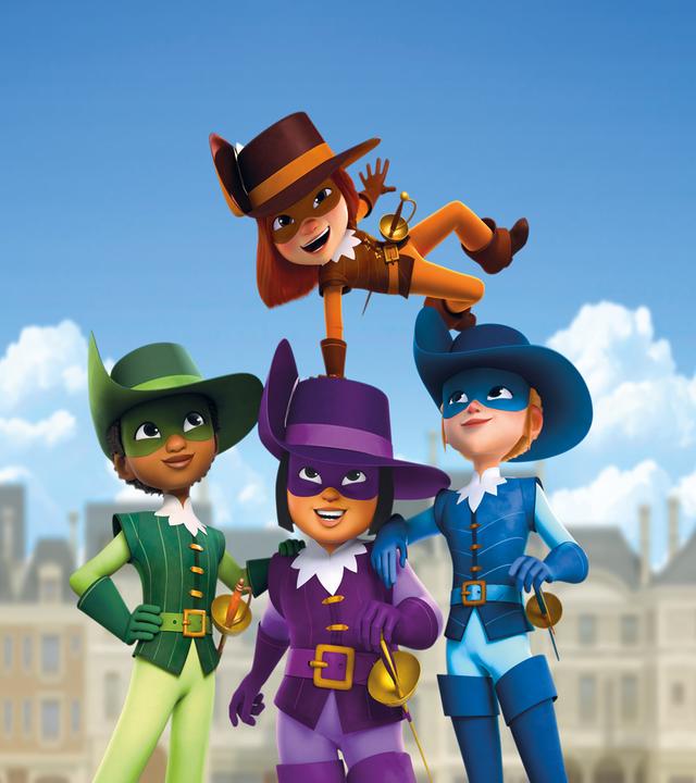 Aramis, Porthos und Athos stehen mit Maske, Degen und in ihren Uniformen nebeneinander, d'Artagnan stützt sich mit einem Arm auf Porthos und hält sich waagrecht in der Luft. Im Hintergrund sind Häuser mit einem blauen Himmel.