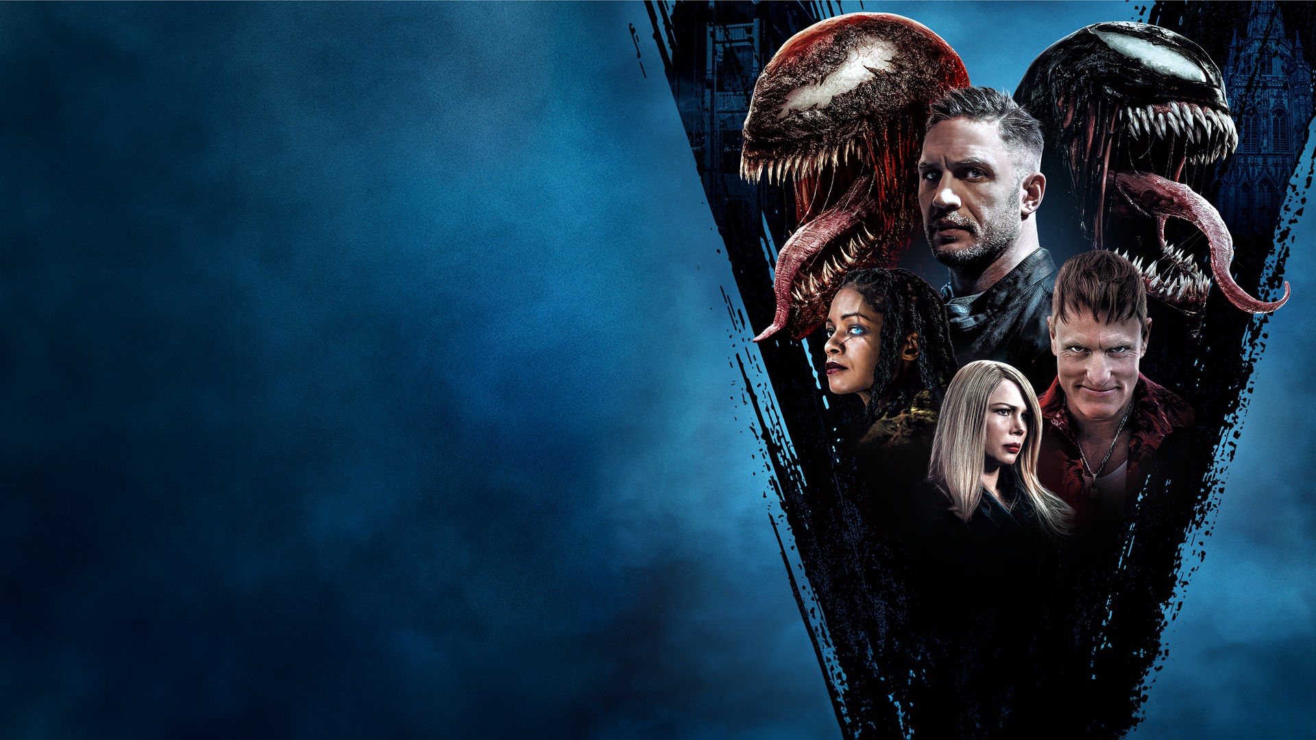 "Venom 2": Artwork zum Film mit den Symbionten Venom und Carnage, Journalist Eddie Brock (Tom Hardy), Serienkiller Cletus Kasady (Woody Harrelson), der Anwältin Anne (Michelle Willimas) und Cletus' Jugendfreundin Shriek (Naomie Harris).