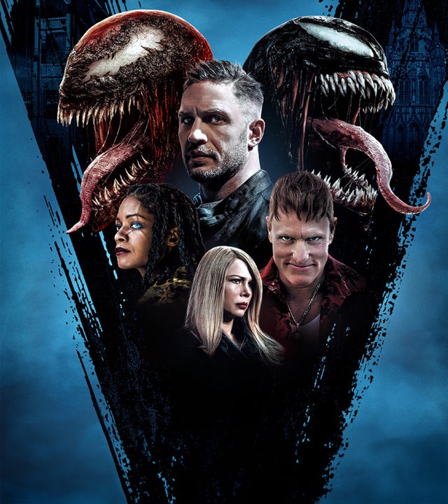 "Venom 2": Artwork zum Film mit den Symbionten Venom und Carnage, Journalist Eddie Brock (Tom Hardy), Serienkiller Cletus Kasady (Woody Harrelson), der Anwältin Anne (Michelle Willimas) und Cletus' Jugendfreundin Shriek (Naomie Harris).