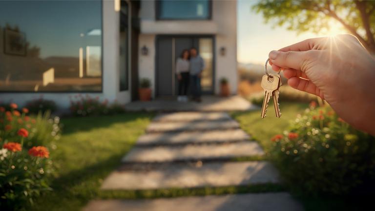 Eine Hand hält zwei Schlüssel ins Bild. Im Hintergrund ist unscharf ein modernes Einfamilienhaus zu sehen. In der Tür steht ein Paar dass sich im Arm hält. Es ist Sonnenaufgangs-Stimmung.