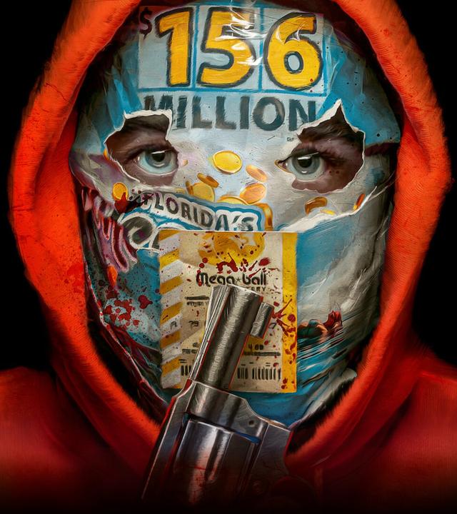  Der Kopf von Sterling (Angus Young) ist mit einer roten Kapuze bedeckt, das Gesicht unter der Seite einer Zeitschrift versteckt