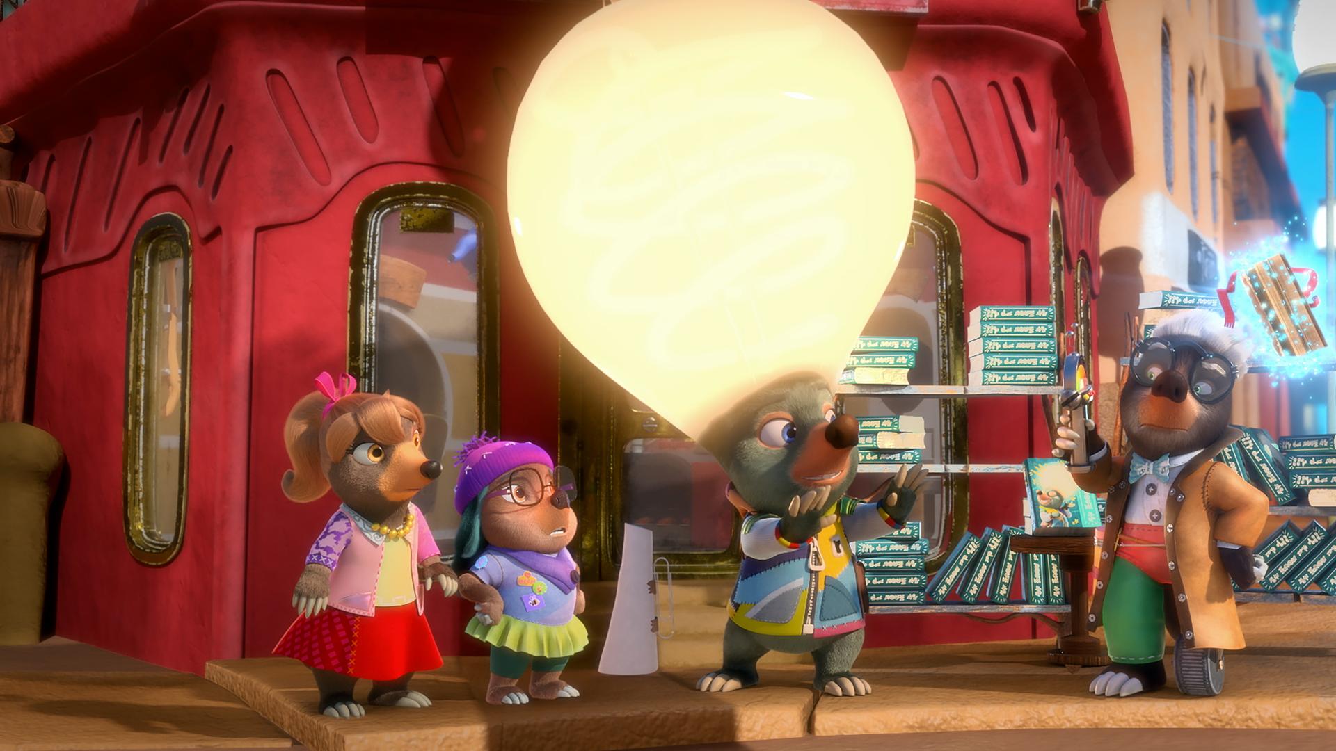 Moley steht mit riesigem, leuchtenden Kopf zwischen Mona Lisa, Dotty und Mischmasch, die ihn verwundert betrachten.