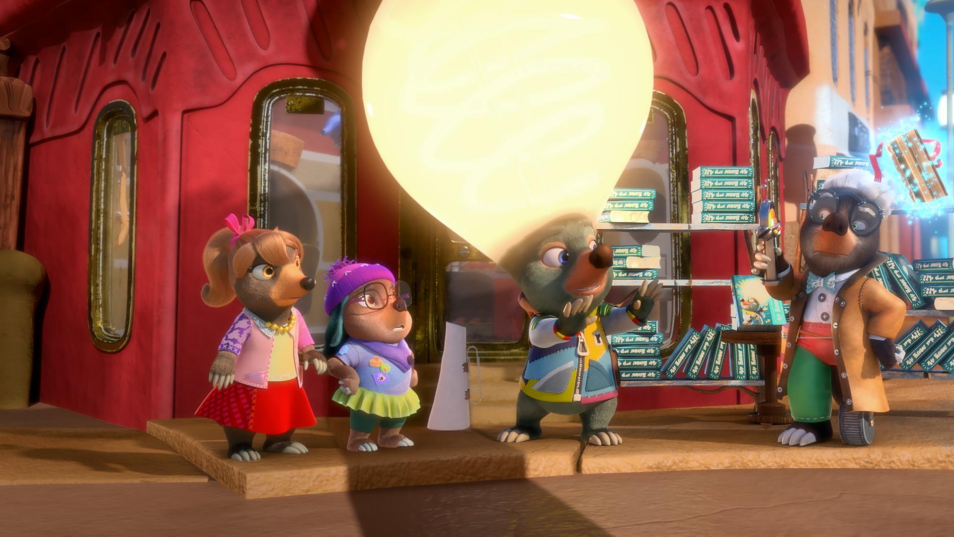 Moley steht mit riesigem, leuchtenden Kopf zwischen Mona Lisa, Dotty und Mischmasch, die ihn verwundert betrachten.