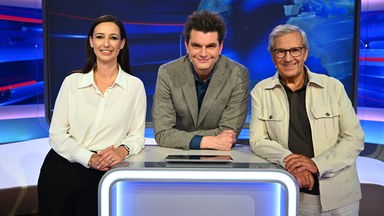 Lutz van der Horst steht im Studio hinter einem Pult. Links von ihm befindet sich Pinar Atalay und rechts von ihm Jan Hofer.