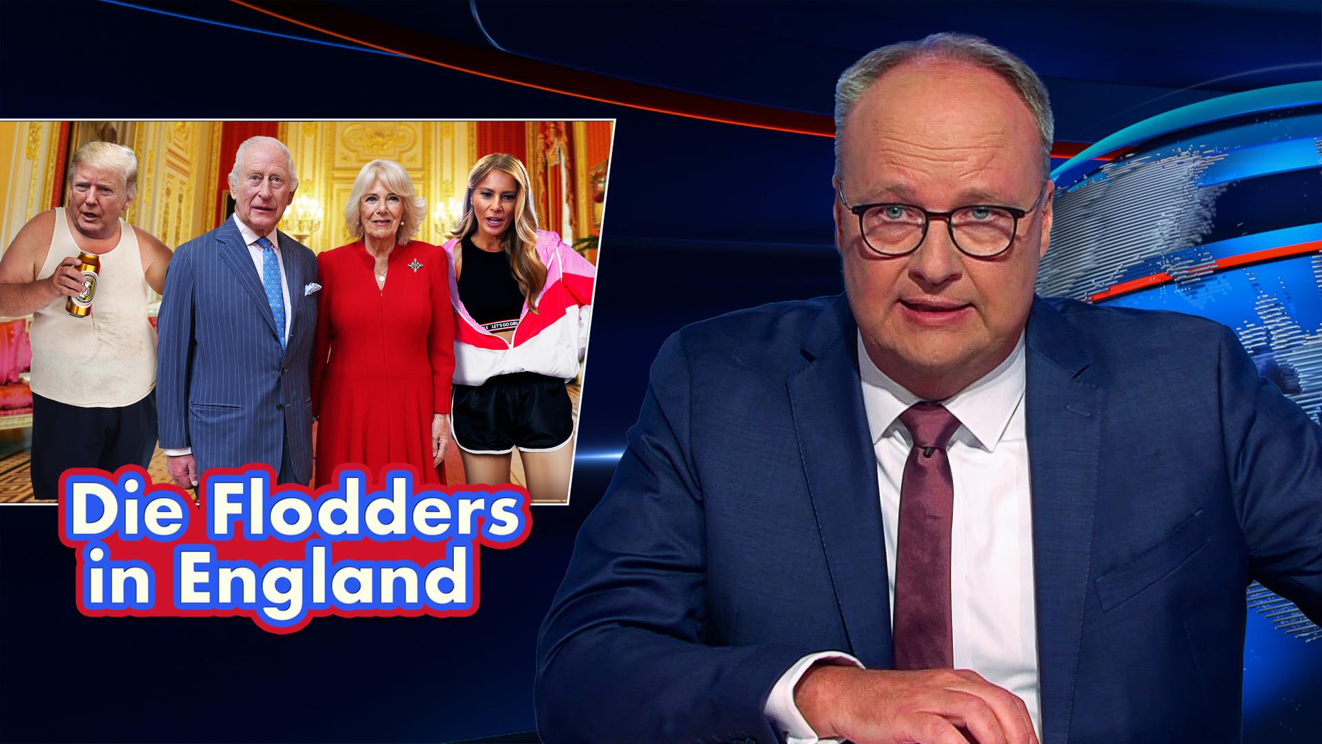 Oliver Welke sitzt am Schreibtisch. Links von ihm ist ein Bild zu sehen, auf dem Donald und Melania Trump in schmuddeliger Kleidung neben König Charles und Königin Camilla stehen. Am unteren Rand des Bildes steht der Text: "Die Flodders in England".