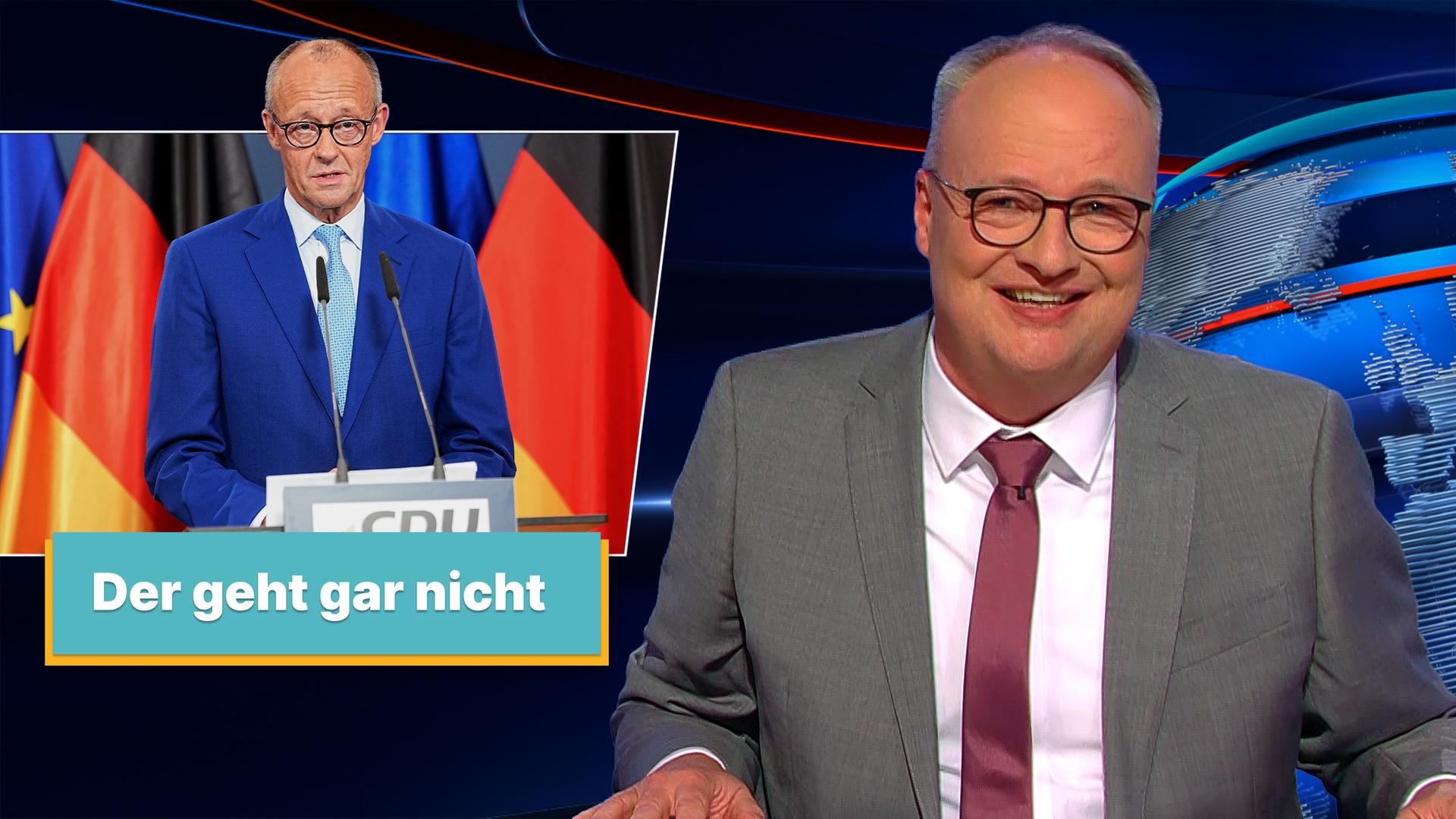 Oliver Welke sitzt rechts im Bild. Links im Bild ist Friedrich Merz an einem Rednerpult zu sehen. Darunter steht: "Der geht gar nicht".