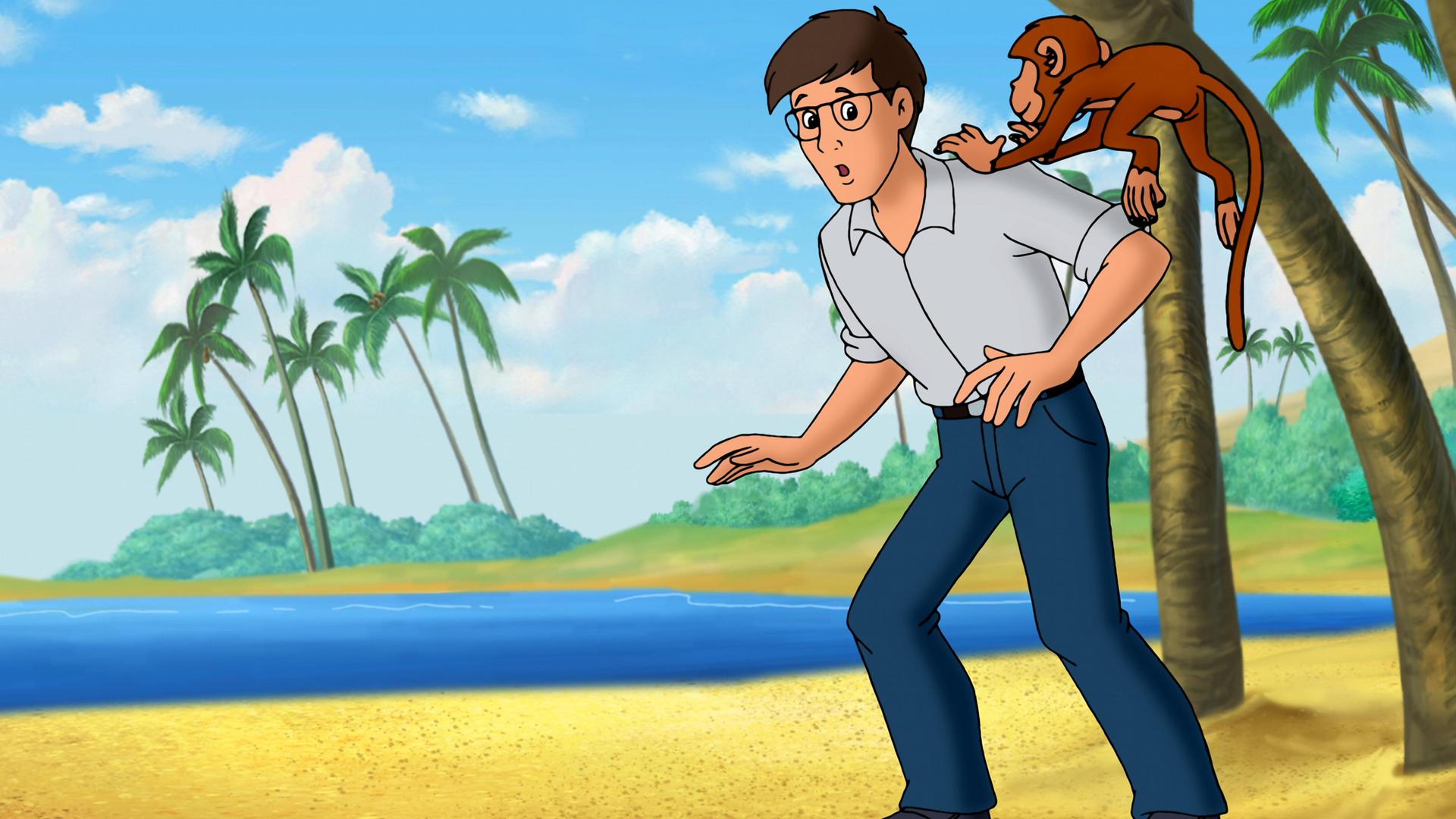 Vater Bernhard wurde versehentlich auf eine einsame Insel gehext. Er steht am Strand, ein Affe klettert auf seine Schulter.