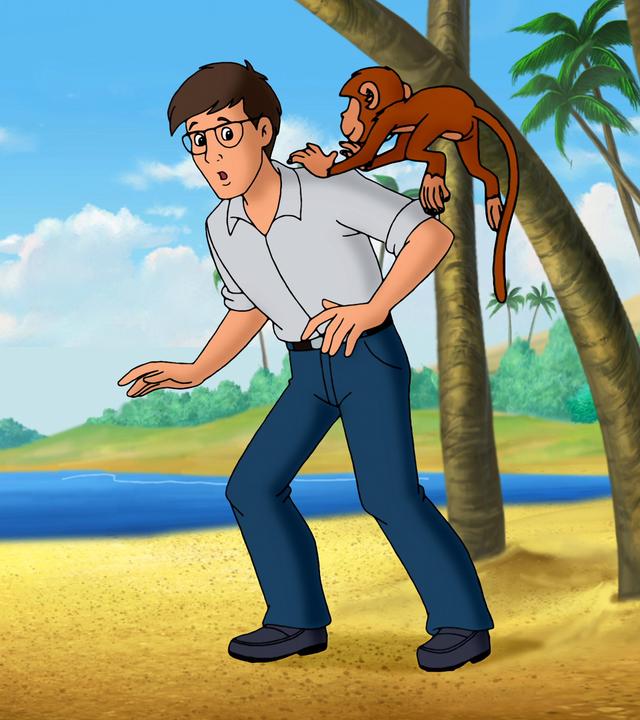 Vater Bernhard wurde versehentlich auf eine einsame Insel gehext. Er steht am Strand, ein Affe klettert auf seine Schulter.