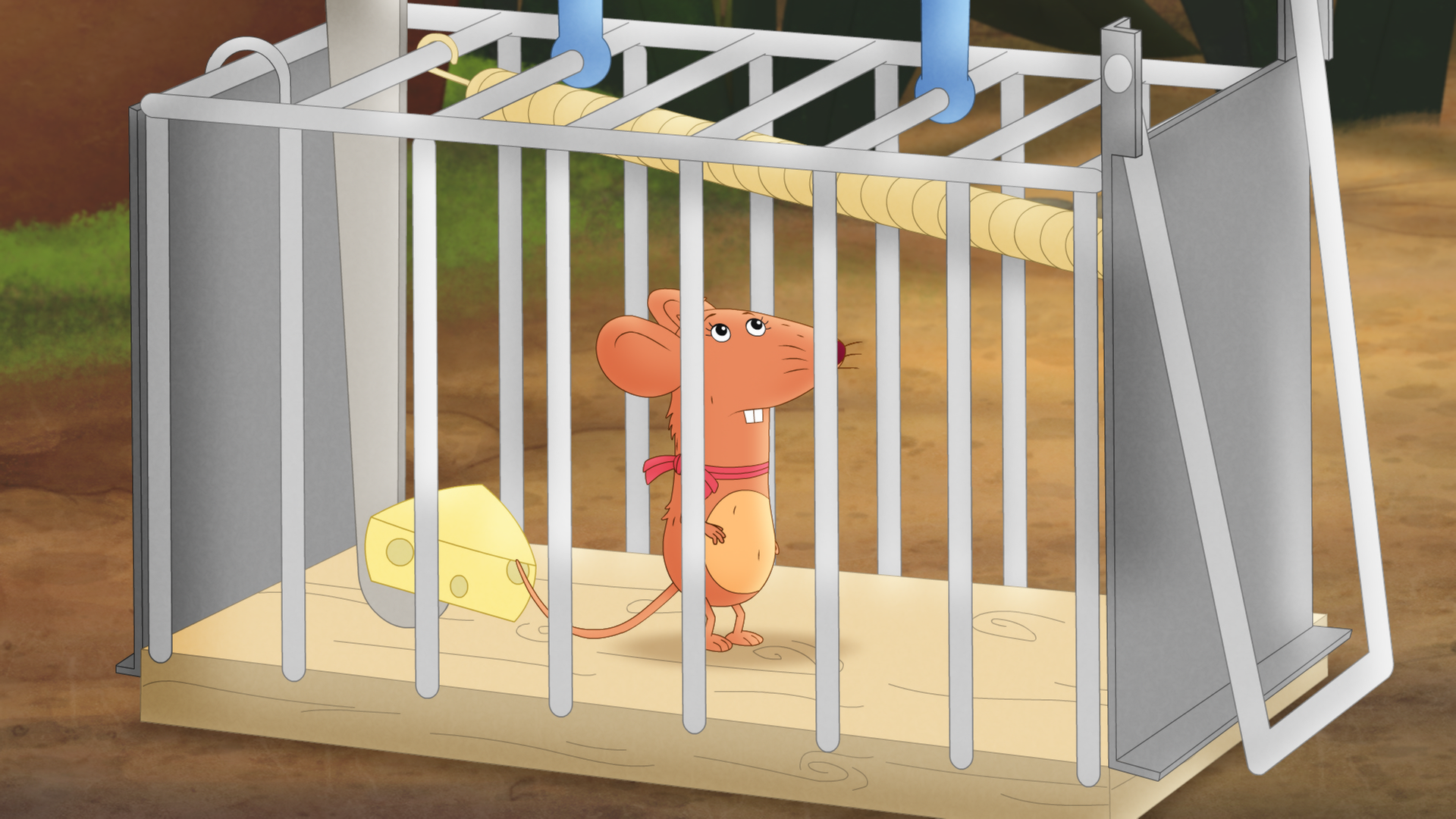 Maus Hilda ist gefangen in einer Mausefalle, links neben ihr liegt ein Stück Käse.
