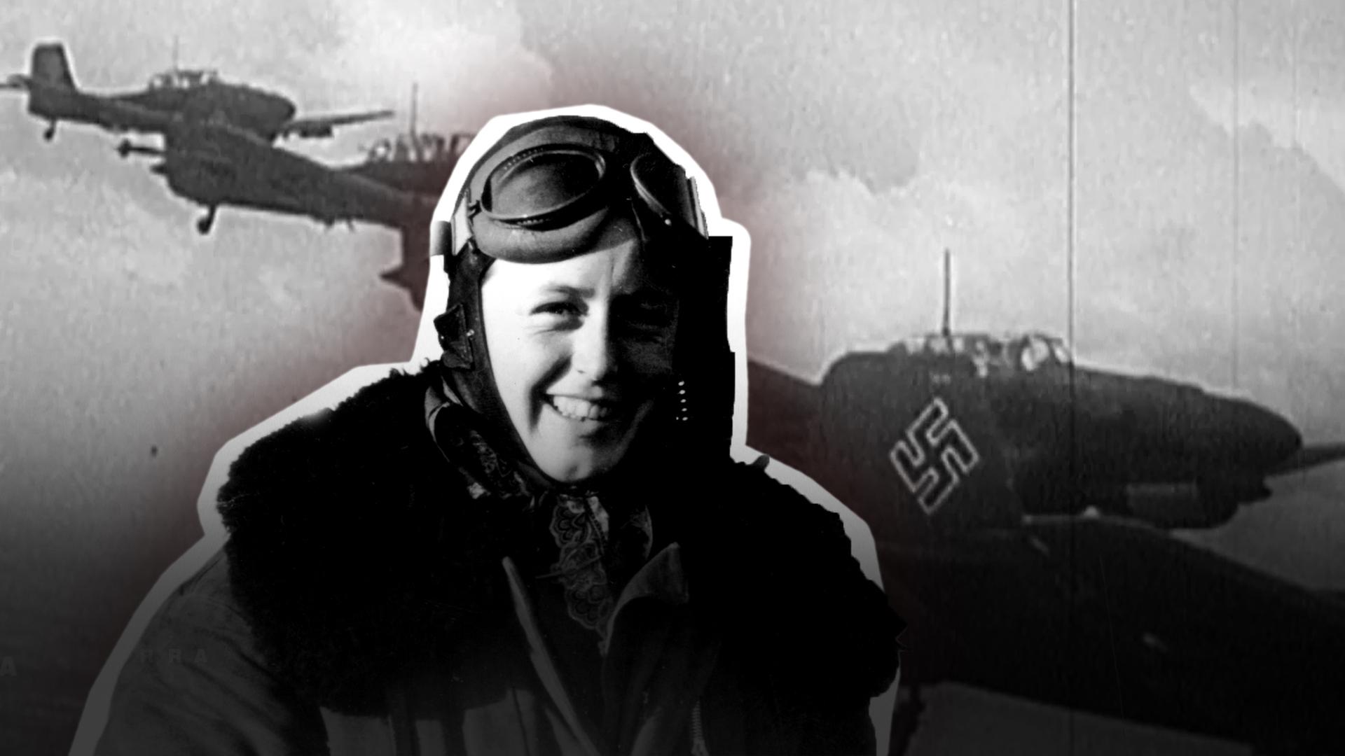 Beate Uhse als Pilotin mit Flugzeug im Hintergrund (Kollage)