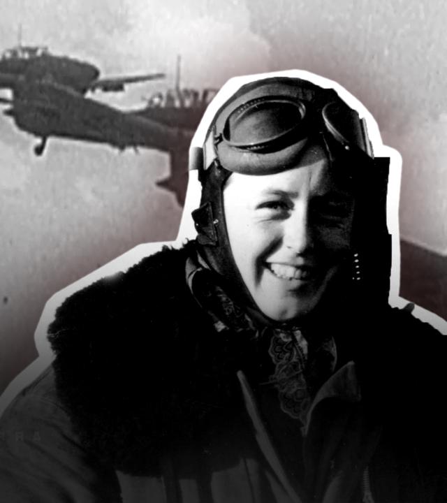 Beate Uhse als Pilotin mit Flugzeug im Hintergrund (Kollage)