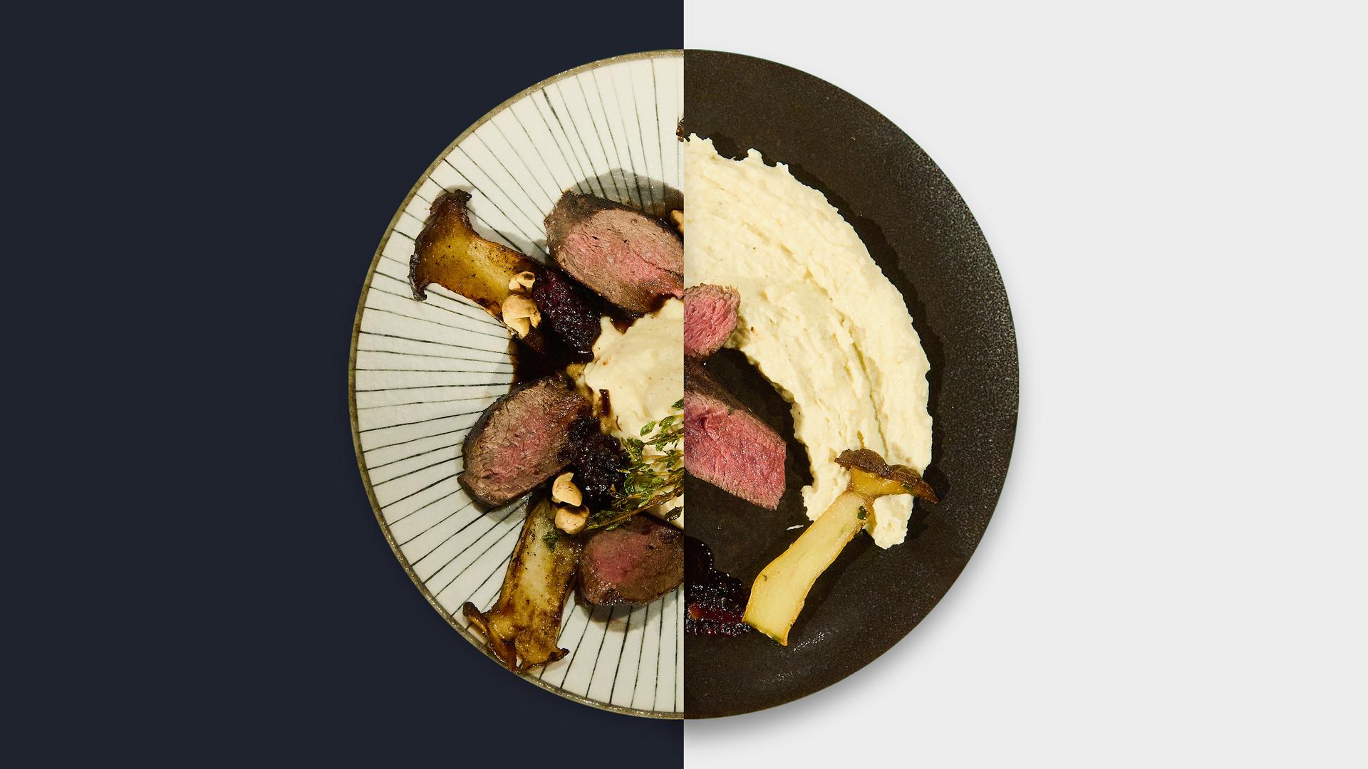 Hirschrücken mit Kräuterseitlingen und Pastinakenpüree