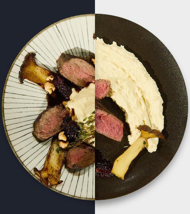 Hirschrücken mit Kräuterseitlingen und Pastinakenpüree