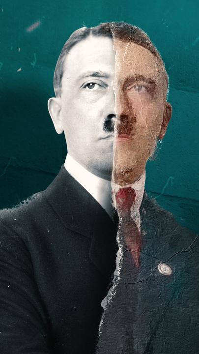 Grafik: Porträt von Adolf Hitler, in der linken Hälfte als Schwarz-Weiß-Foto, in der rechten Hälfte als Grafik. Links unten Menschen mit ausgestreckten rechten Armen und Hakenkreuzfahnen.