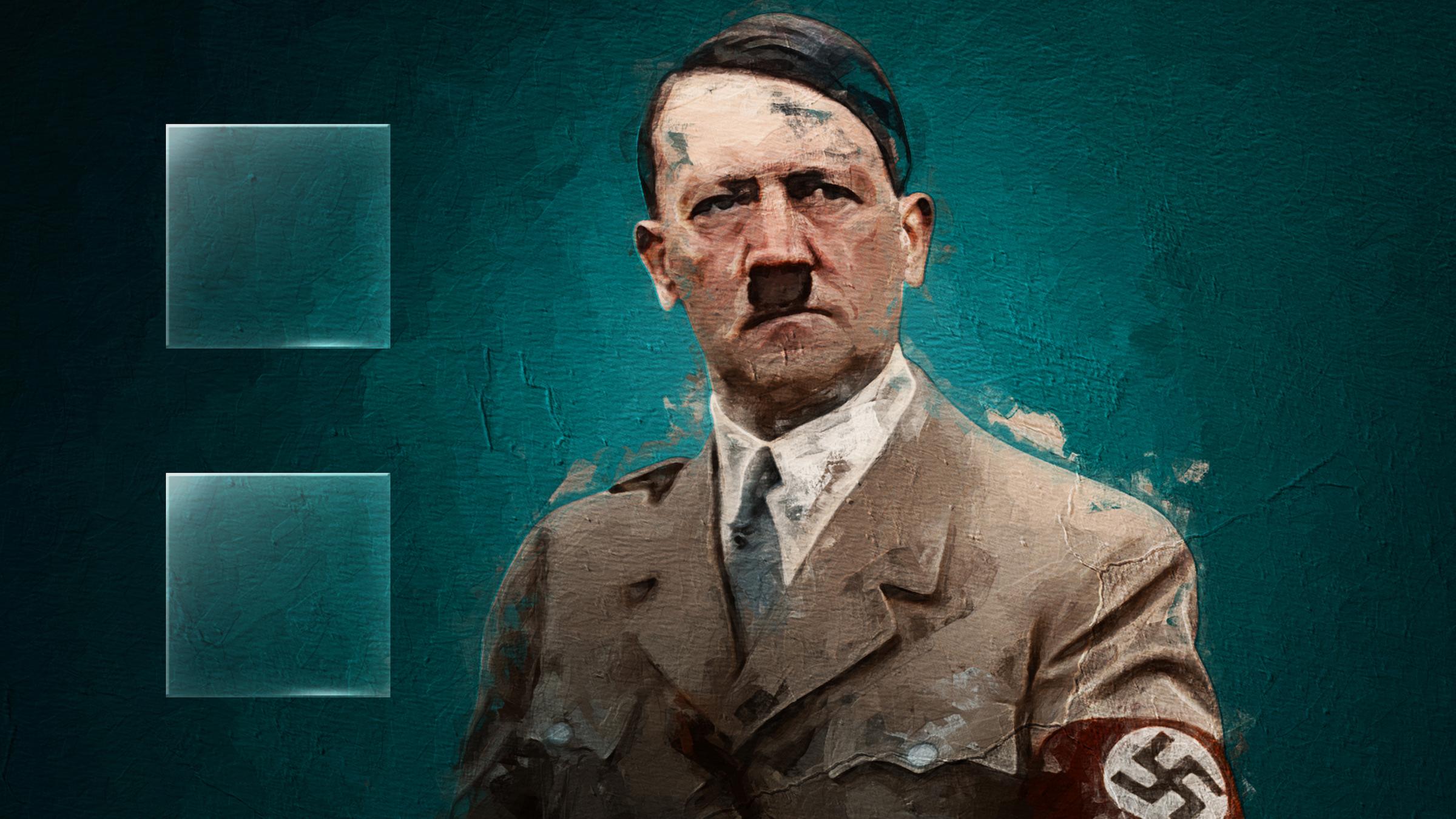Graphic-Novel-Motiv, das Adolf Hitler in Unifform mit Hakenkreuzbinde vor blauem Hintergrund zeigt
