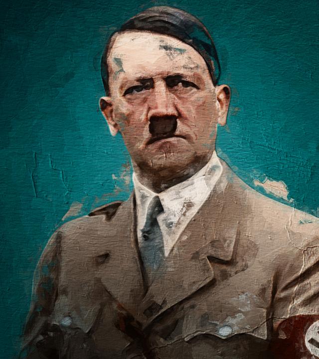Graphic-Novel-Motiv, das Adolf Hitler in Unifform mit Hakenkreuzbinde vor blauem Hintergrund zeigt.