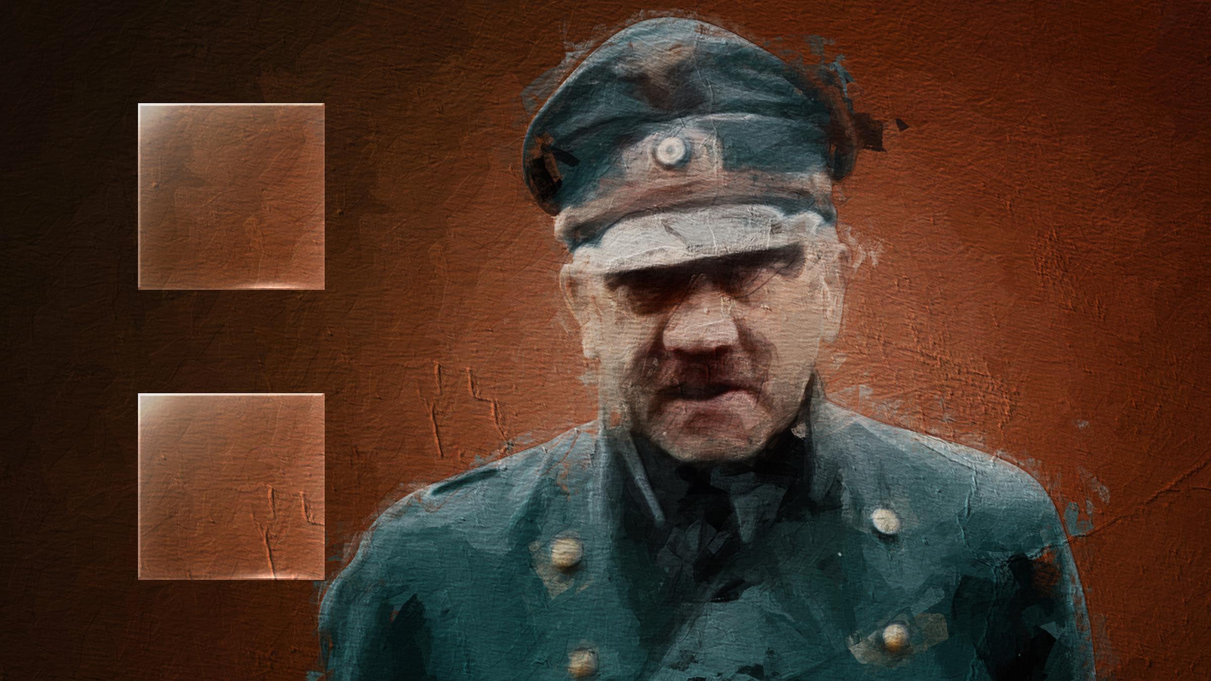Graphic-Novel-Motiv, das einen gealterten Adolf Hitler in Militärmantel und -mütze zeigt.