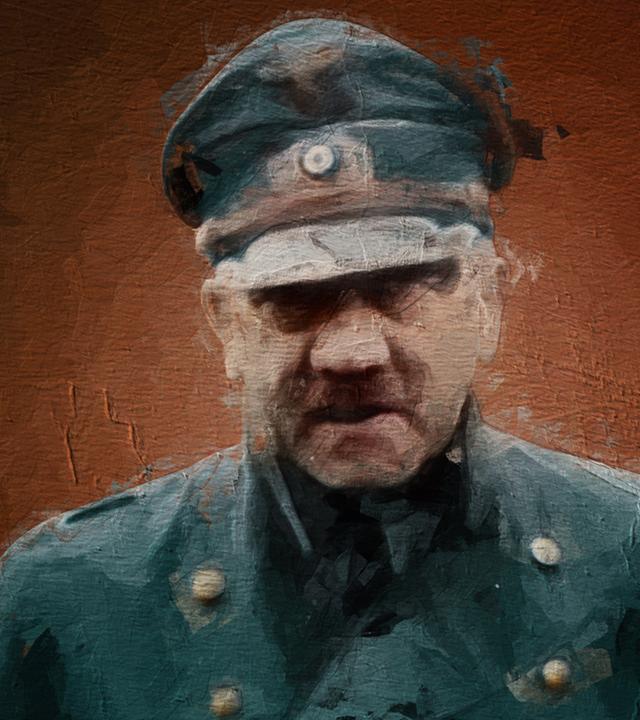 Graphic-Novel-Motiv, das einen gealterten Adolf Hitler in Militärmantel und -mütze zeigt.