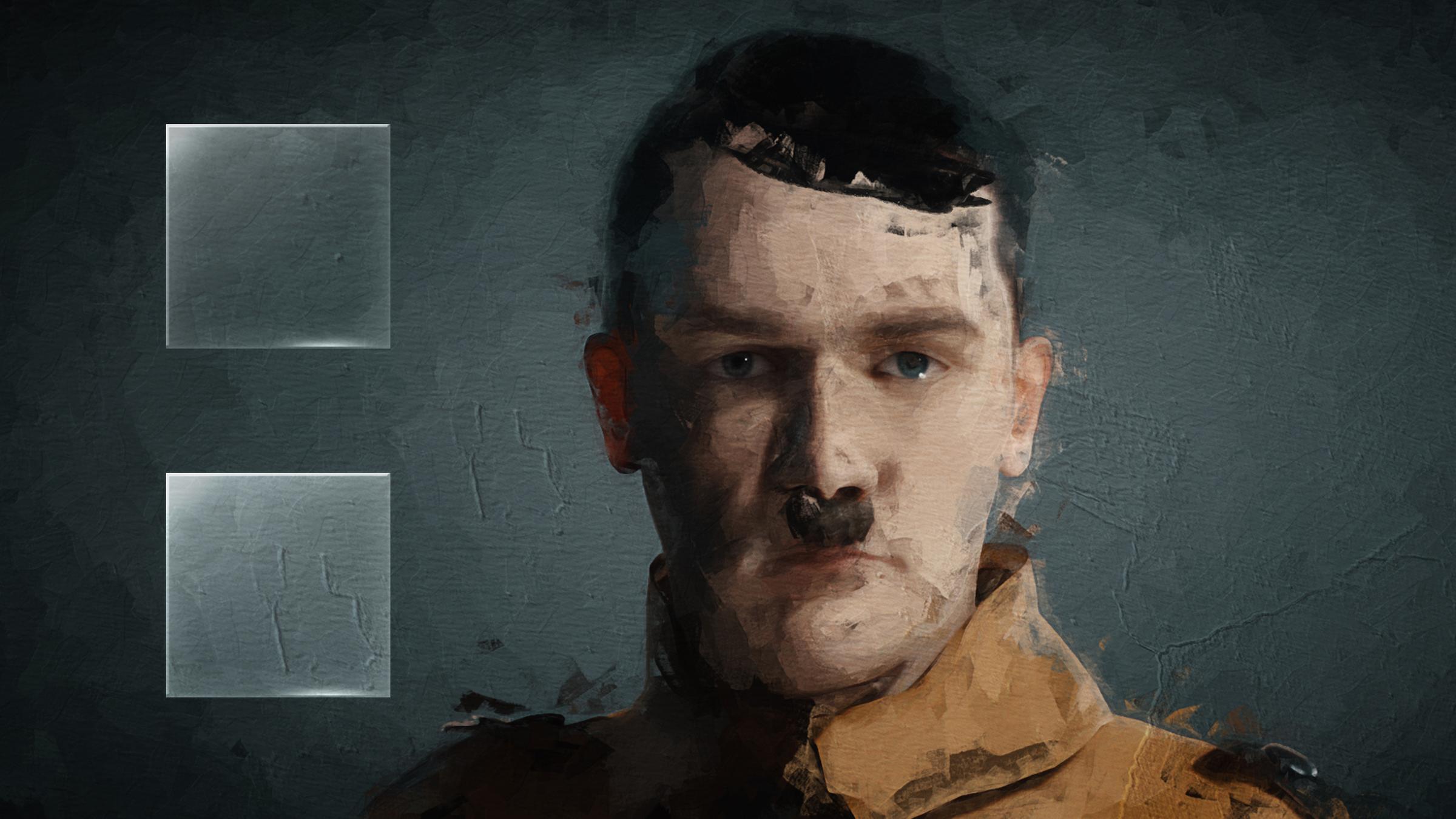 Graphic-Novel-Motiv, das Adolf Hitler in braunem Hemd vor grauer Wand zeigt.