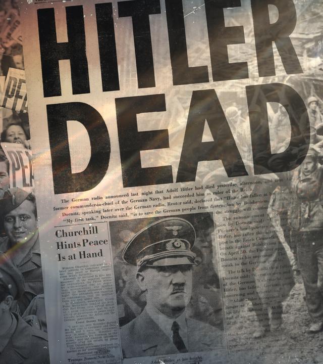 Montage; die internationale Presse verkündet Hitlers Tod; rechts davon eine Gruppe