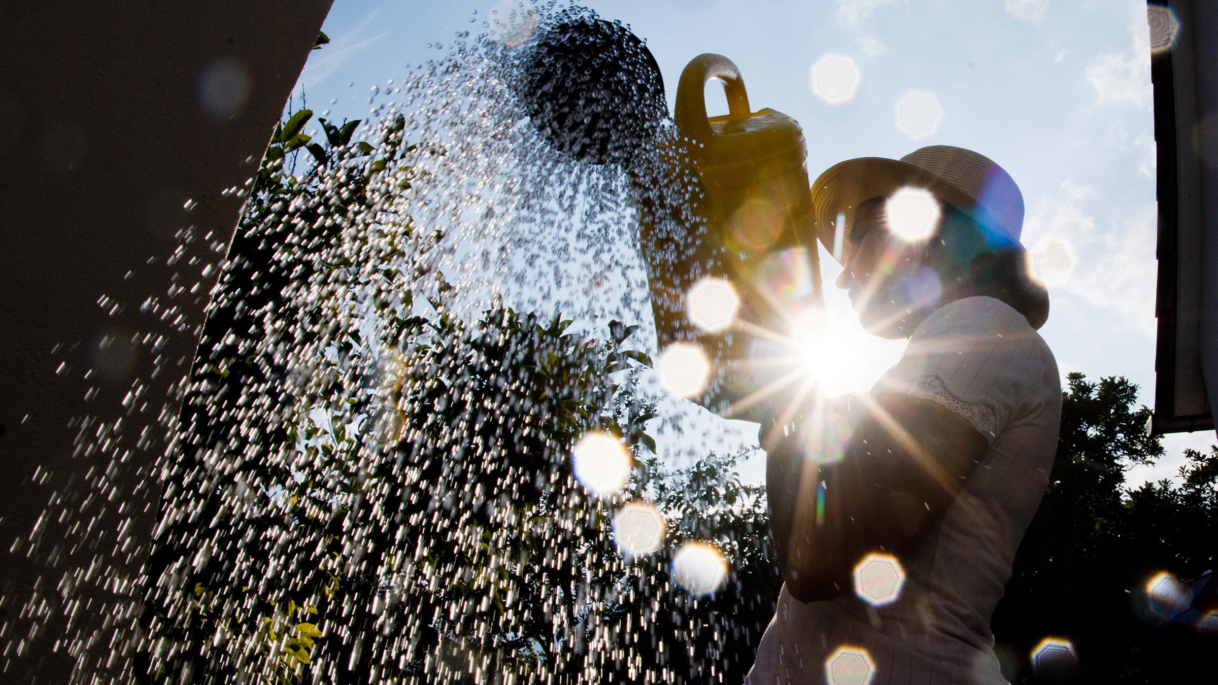 Eine Frau mit Gießkanne in ihrem Garten