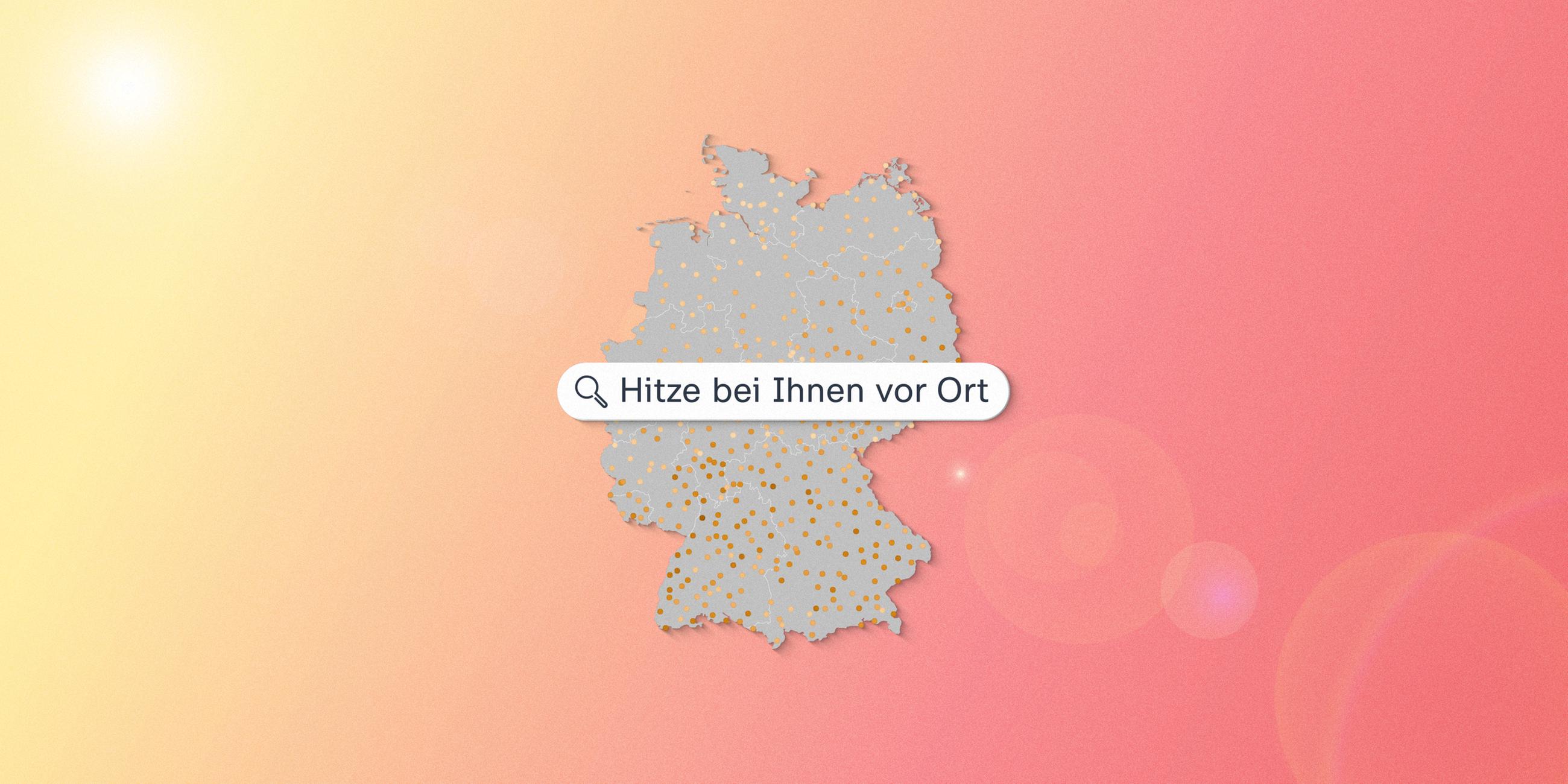 Eine Deutschlandkarte, die die Hitzetage in Deutschland zeigt, darüber ein Suchfeld