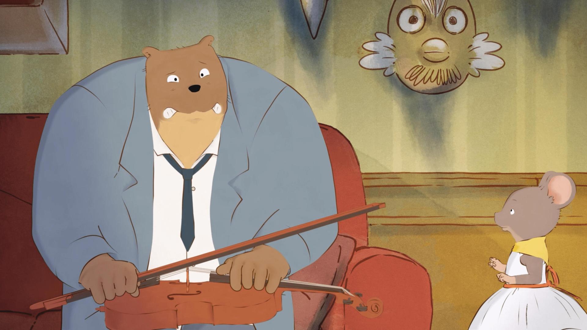 Ernest sitzt zerknirscht und mit ängstlichem Gesichtsausdruck auf einem Sofa. Die Geige liegt auf seinem Schoß, schon ausgepackt. In dem Raum hängen Masken an der Wand. Celestine steht in einem weißen Kleid neben ihm, ihre Pfötchen zu Fäusten angespannt. Sie sieht ihn an.