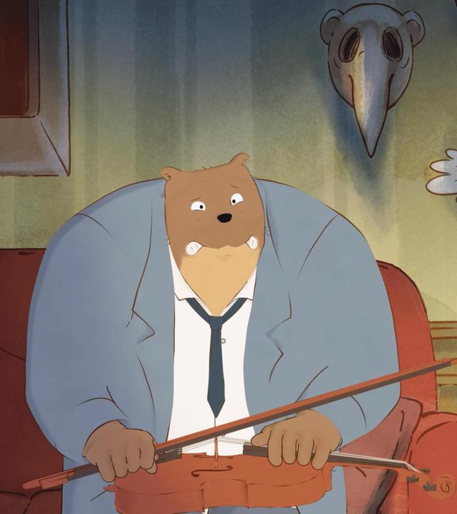 Ernest sitzt zerknirscht und mit ängstlichem Gesichtsausdruck auf einem Sofa. Die Geige liegt auf seinem Schoß, schon ausgepackt. In dem Raum hängen Masken an der Wand. Celestine steht in einem weißen Kleid neben ihm, ihre Pfötchen zu Fäusten angespannt. Sie sieht ihn an.