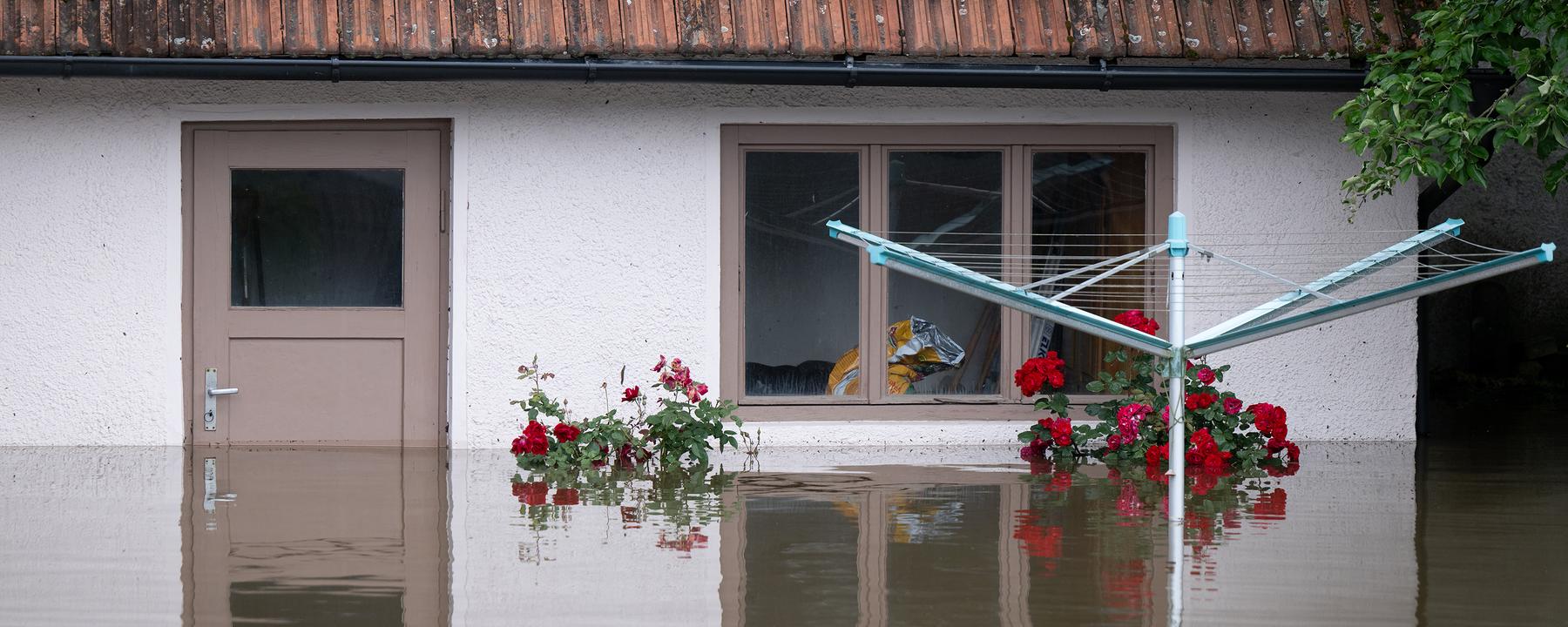 Ein Wäscheständer steht in einem überfluteten Garten von einem Wohnhaus