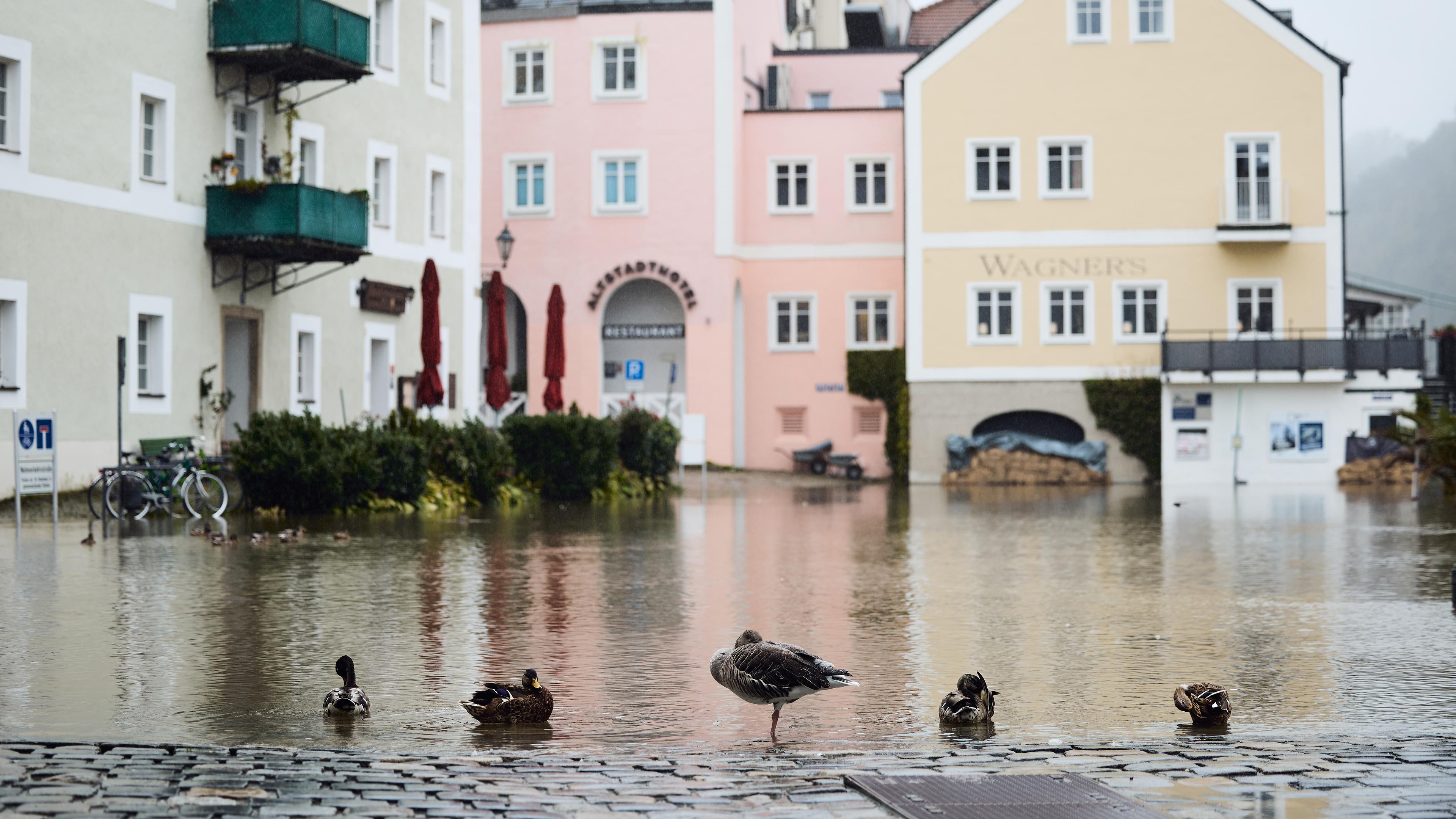 In der Passauer Altstadt tritt die Donau mit einem Pegel von 8.00 Meter über das Ufer