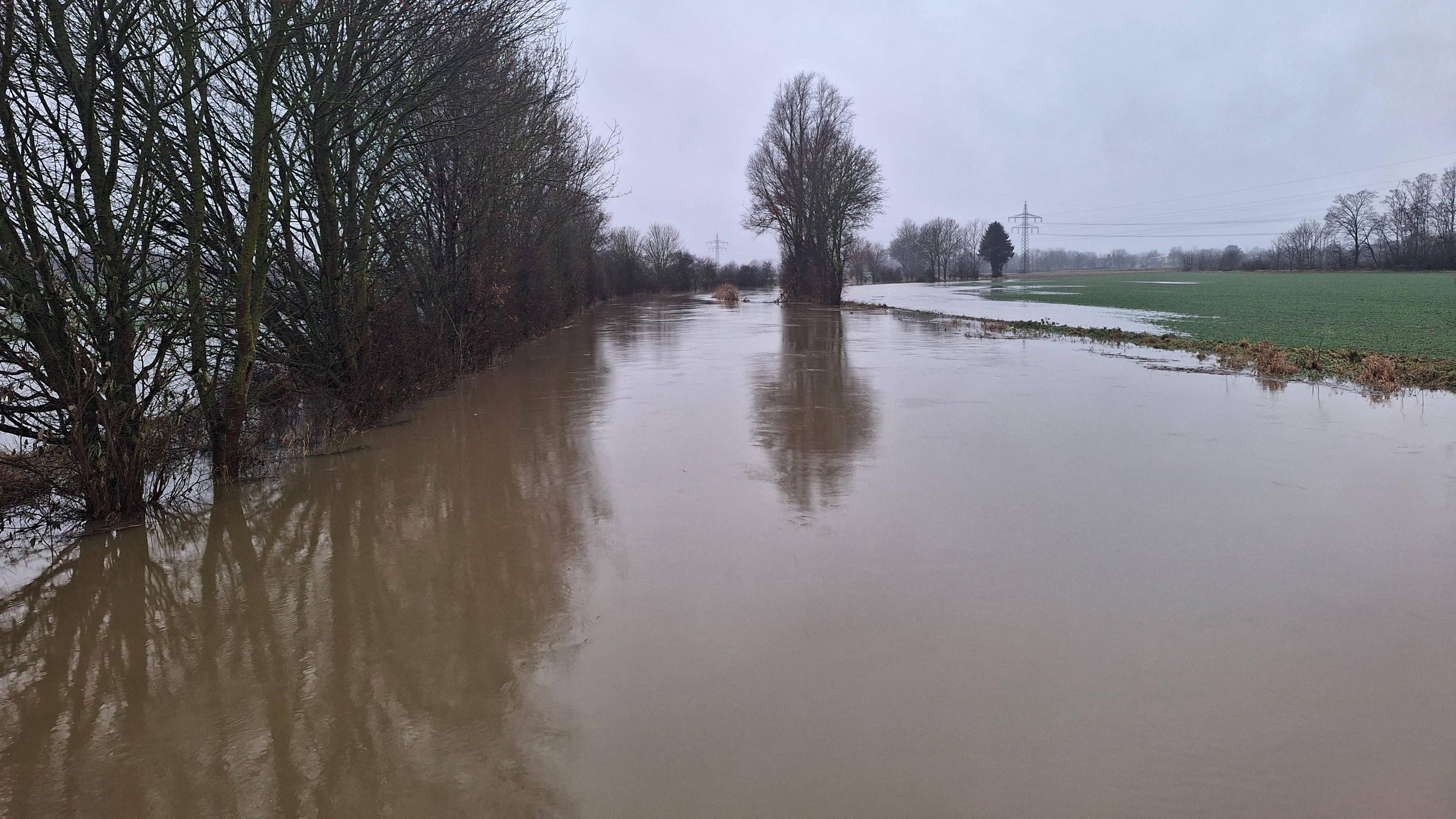 Überschwemmung am Fluss Aue in Niedersachsen