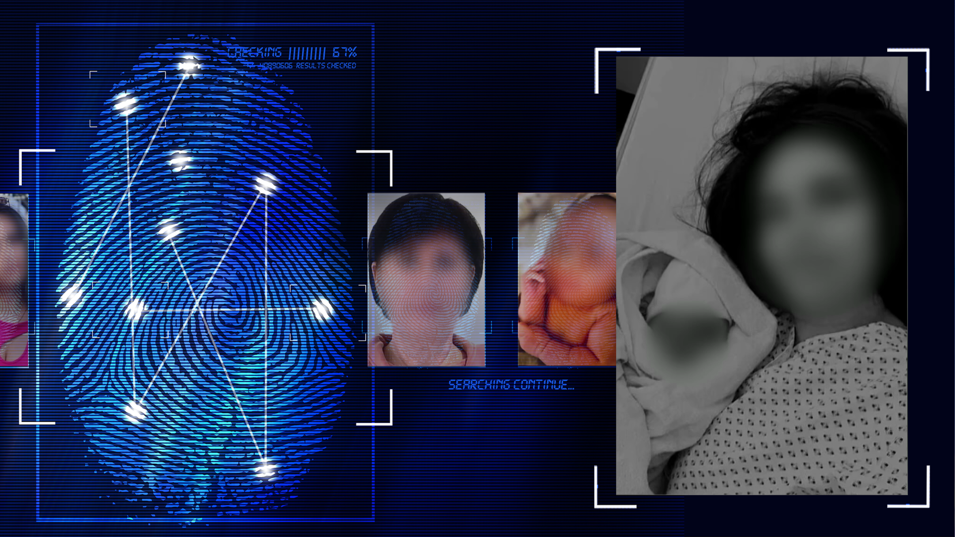 Schwarzweißfoto zeigt Frau in einem Bett in Krankenhauskleidung. Neben ihr ist ein Säugling zu sehen. Die Gesichter wurden unkenntlich gemacht. Links daneben: Lichtschematische Darstellung eines Fingerabdrucks.