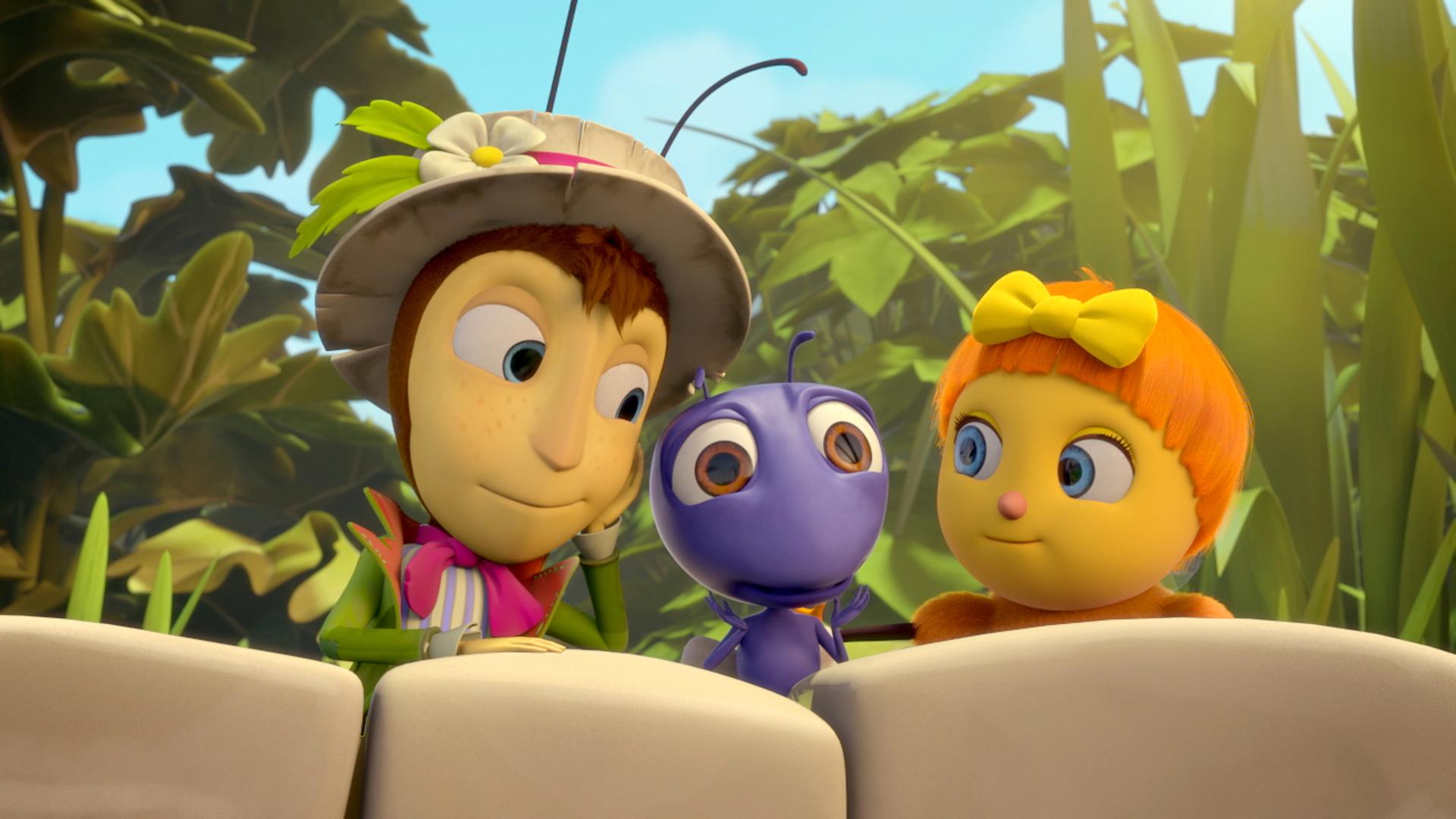 Gregor Grille (links) und Josefine (rechts) reden Anna Ameise (Mitte) gut zu.