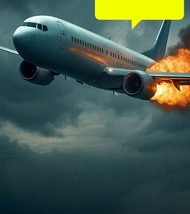Ein Flugzeug mit einem brennenden Triebwerk rast nach unten am dunkel bewölkten Himmel