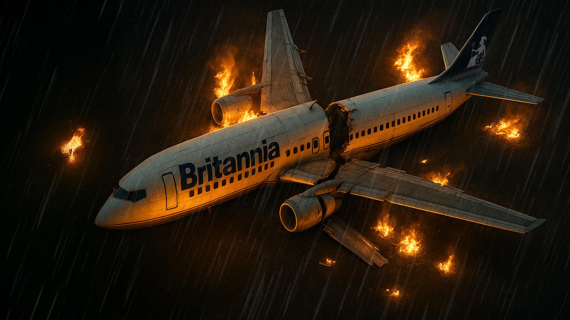 Ein Flugzeug liegt mit durchgebrochenem Rumpf und brennenden Teilen auf dem Boden bei Nacht und Regen