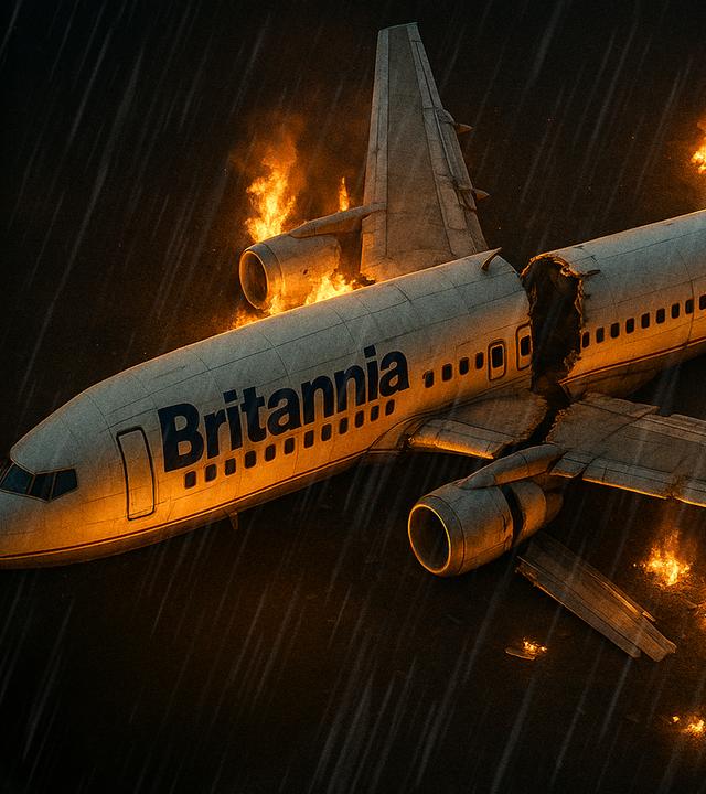 Ein Flugzeug liegt mit durchgebrochenem Rumpf und brennenden Teilen auf dem Boden bei Nacht und Regen