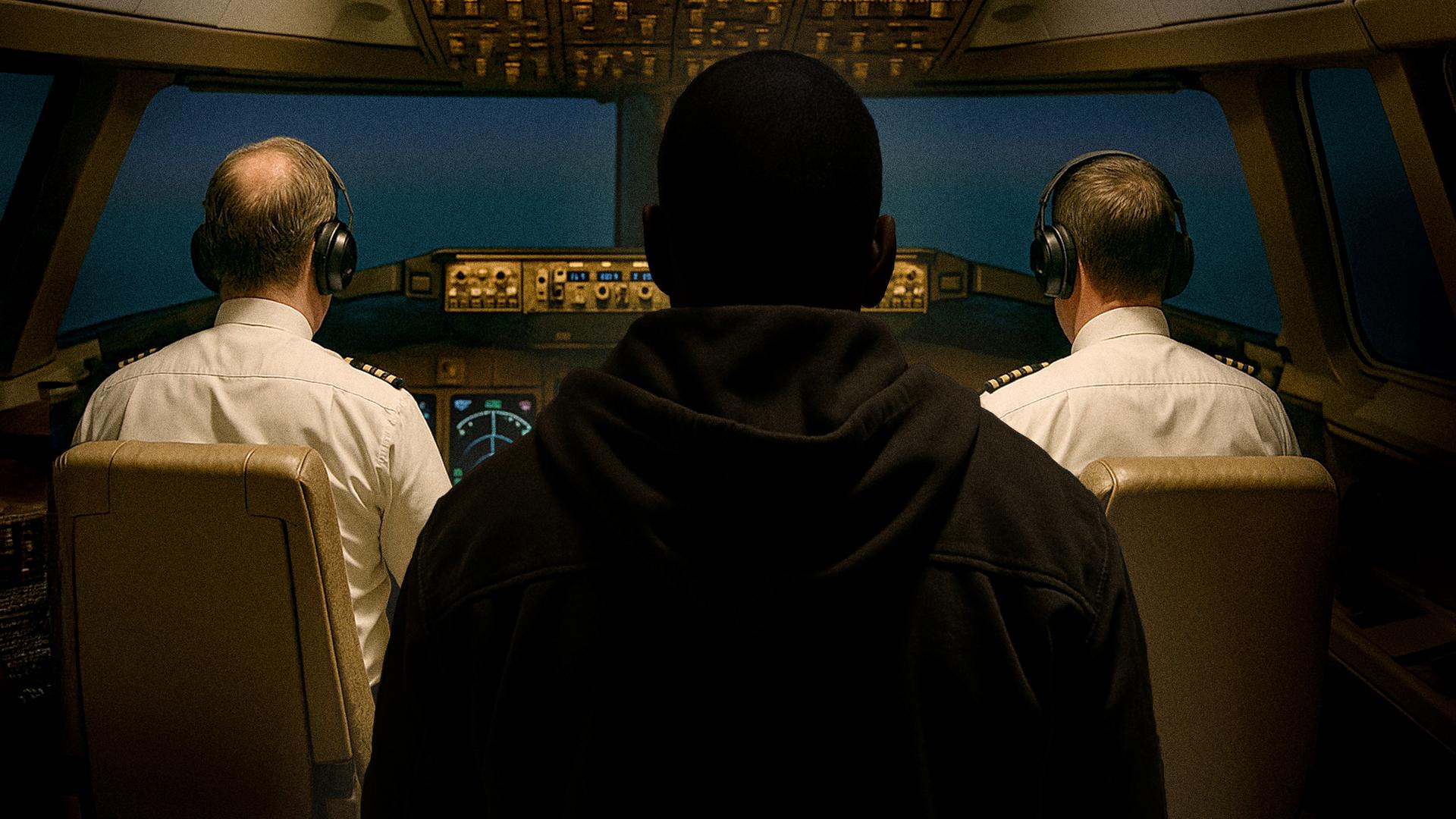 Ein schlecht beleuchteter Mann steht mit dem Rücken zur Kamera in einem Cockpit, in dem zwei Piloten sitzen