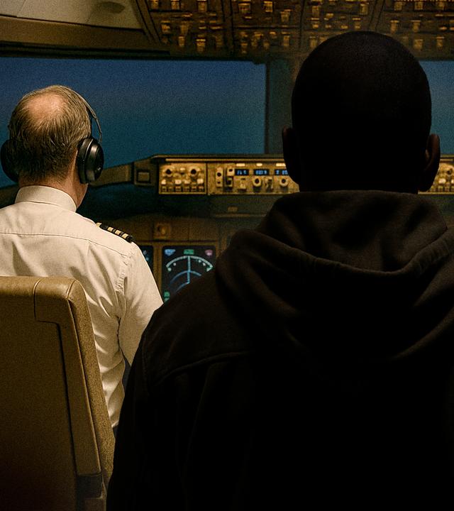 Ein schlecht beleuchteter Mann steht mit dem Rücken zur Kamera in einem Cockpit, in dem zwei Piloten sitzen