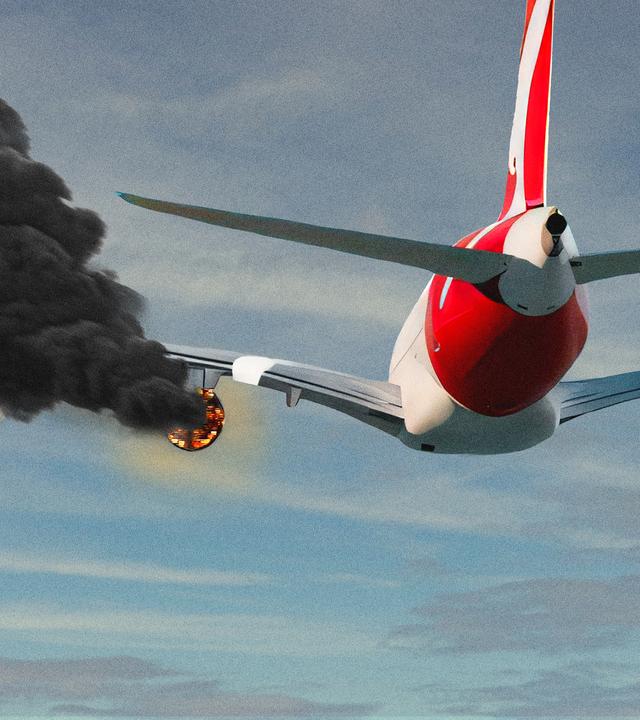 Ein Flugzeug im Flug von hinten zu sehen, eins der linken Triebwerke steht in Flammen und raucht stark