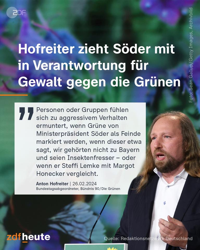 ZDFheute Instagram-Post: "Hofreiter zieht Söder mit in Verantwortung für Gewalt gegen die Grünen"