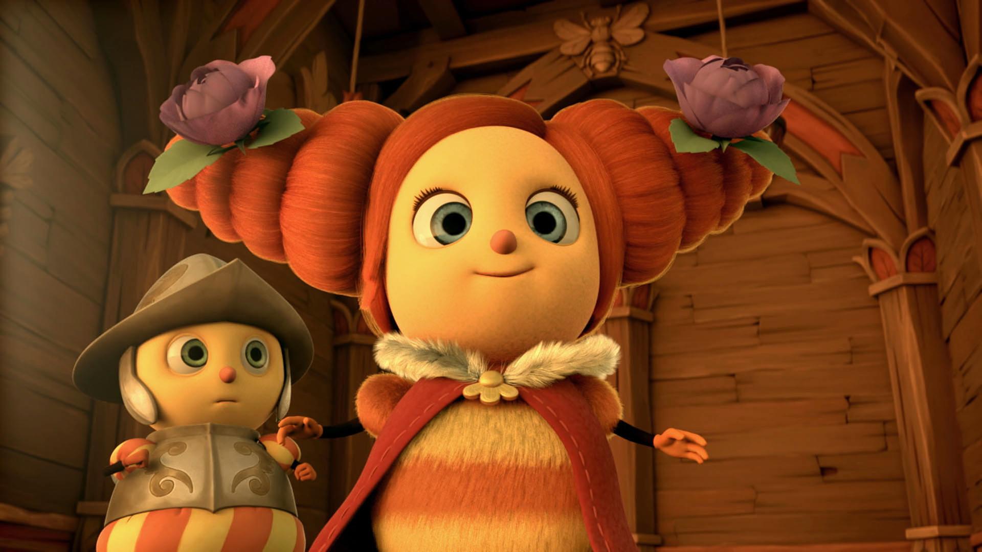 Königin Hortensie trägt die Blumenperücke und sieht zufrieden aus. Links hinter ihr steht eine Wache.