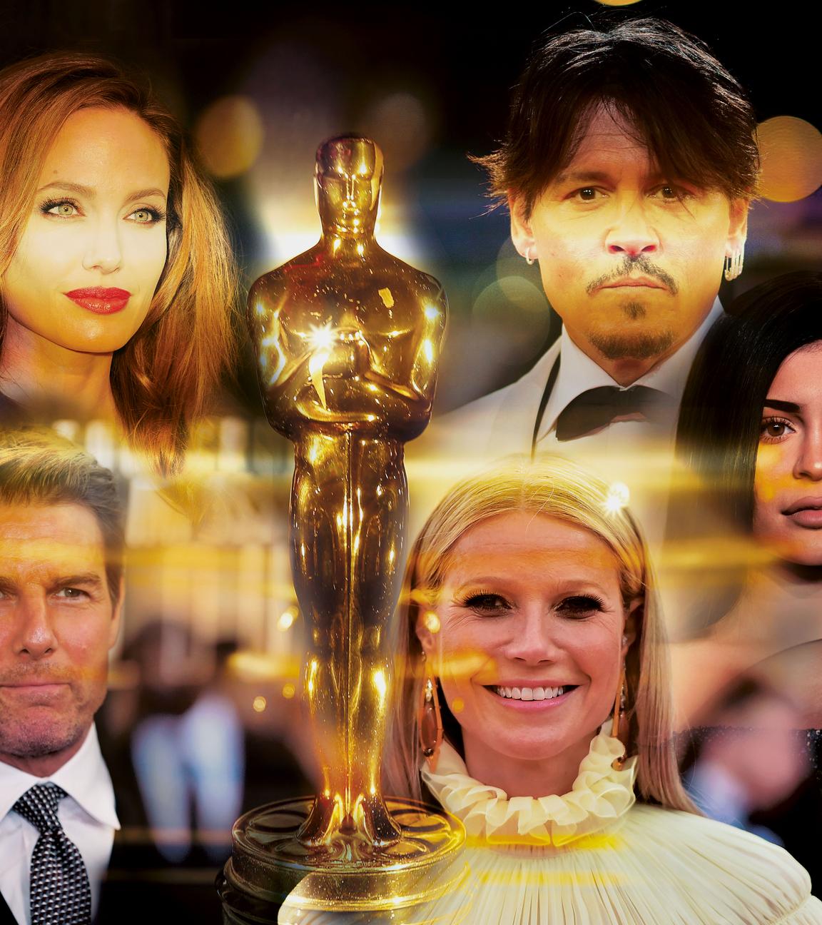 Eine Collage aus Fotos von: Angelina Jolie, Johnny Depp, Tom Cruise, Kylie Jenner, Gwyneth Paltrow. In der Mitte des Bildes: der goldene Oscar.