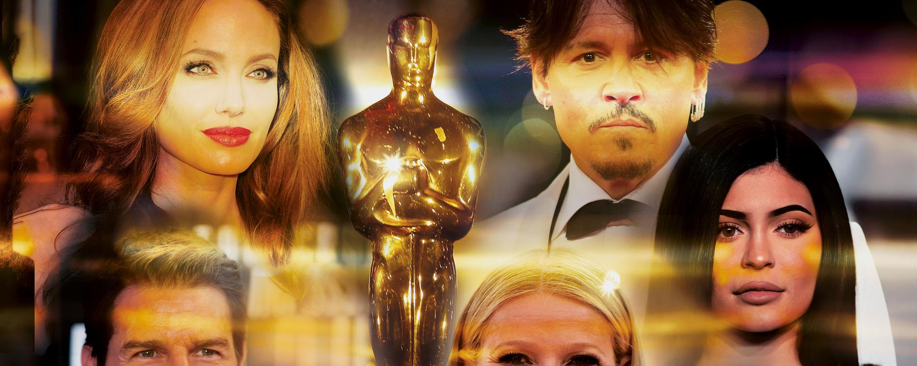 "Hollywood Stories - Johnny Depp": Eine Collage aus Fotos von: Angelina Jolie, Johnny Depp, Tom Cruise, Kylie Jenner, Gwyneth Paltrow. In der Mitte des Bildes: der goldene Oscar.