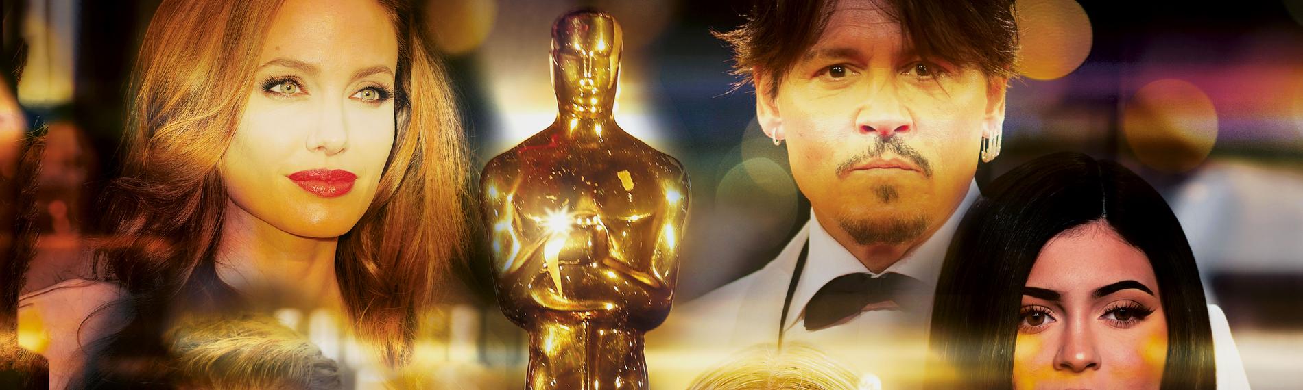 "Hollywood Stories - Johnny Depp": Eine Collage aus Fotos von: Angelina Jolie, Johnny Depp, Tom Cruise, Kylie Jenner, Gwyneth Paltrow. In der Mitte des Bildes: der goldene Oscar.