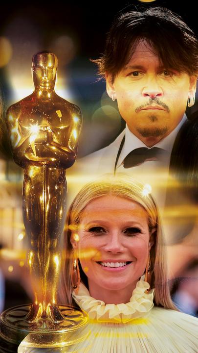 "Hollywood Stories - Johnny Depp": Eine Collage aus Fotos von: Angelina Jolie, Johnny Depp, Tom Cruise, Kylie Jenner, Gwyneth Paltrow. In der Mitte des Bildes: der goldene Oscar.