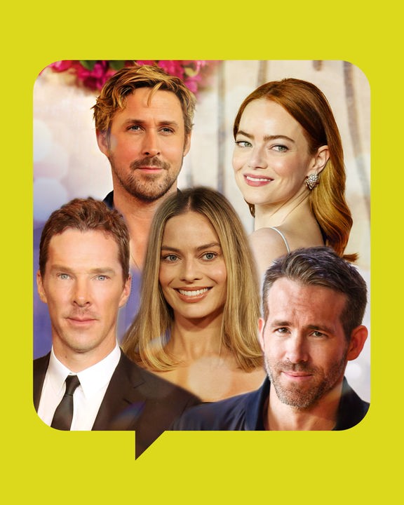 Eine Collage aus Fotos von: Emma Stone, Rayan Gosling, Margot Robbie, Benedict Cumberbatch und Ryan Reynolds
