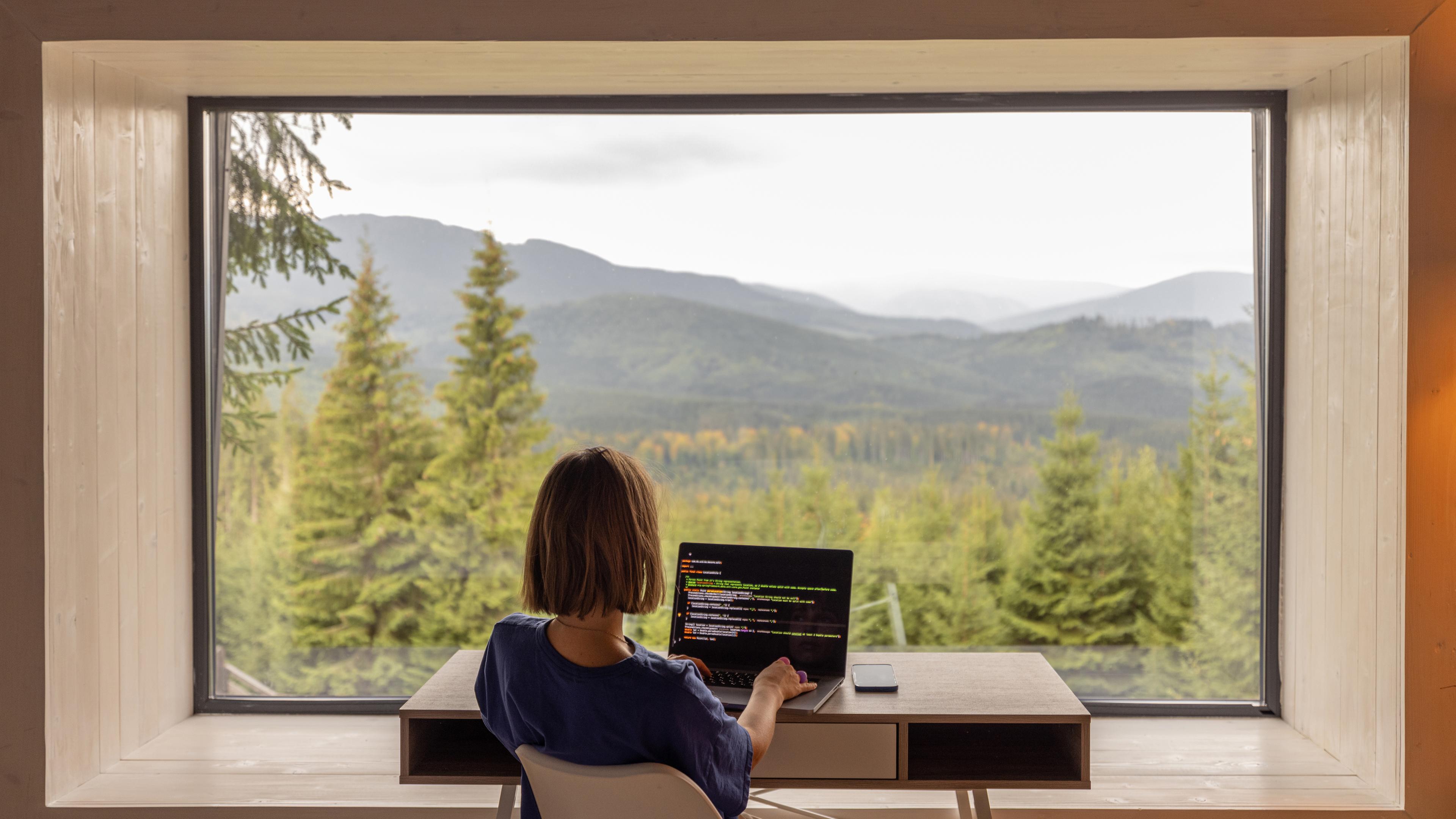 Eien Frau arbeitet an einem Laptop und blickt durch ein großes Fenster in die Natur
