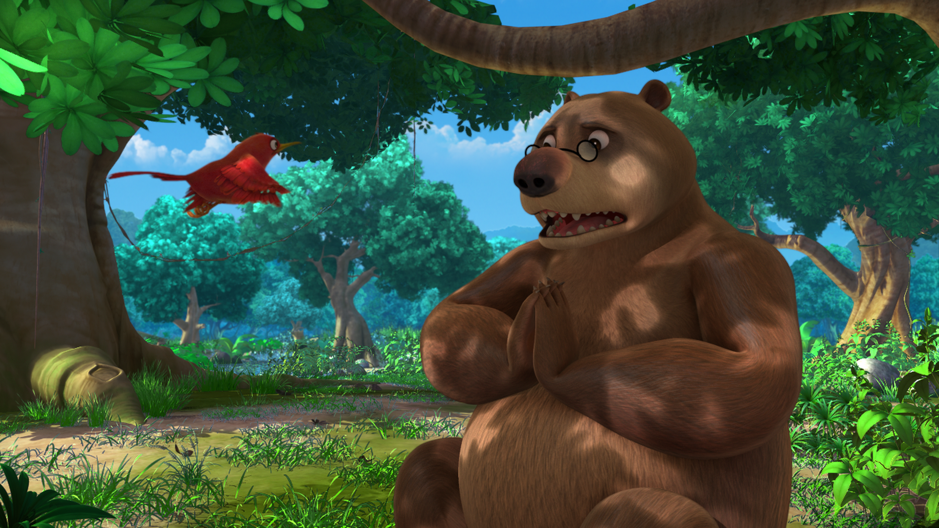 Balu sitzt im Wald und schaut aufgebracht. Vor ihm fliegt Darsi der Vogel.